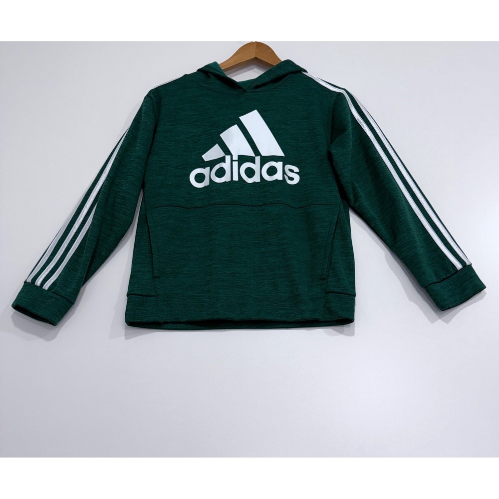 Adidas Hoodie Kids M 10/12 Green Heathered Logo Pullover Sweatshirt